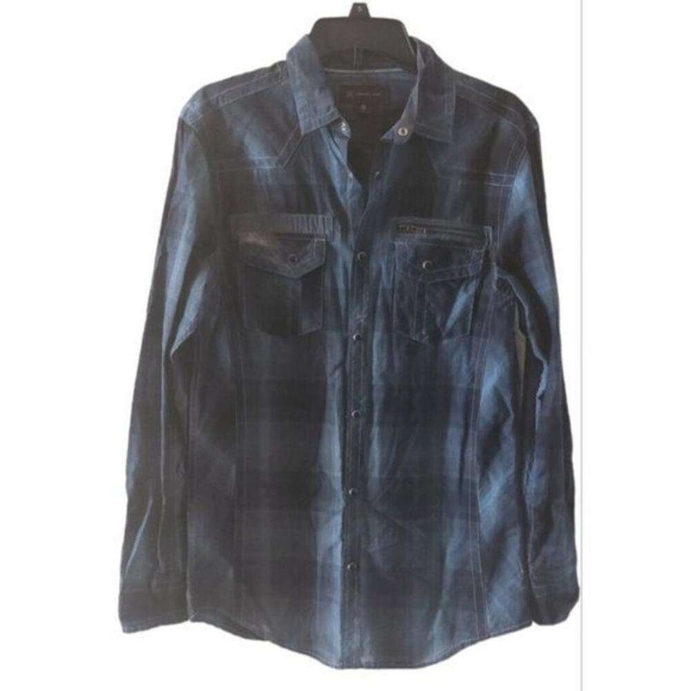 International Concepts Men's Shirt Blue Plaid Western Snap Button Long Sleeve-Sm